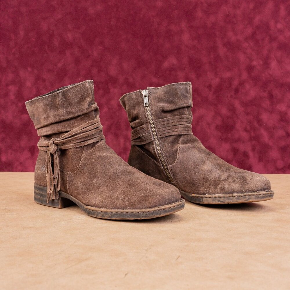 Born Women Oueva Brown Suede Zip Braided Moto Biker Ankle Boots sz 8.5